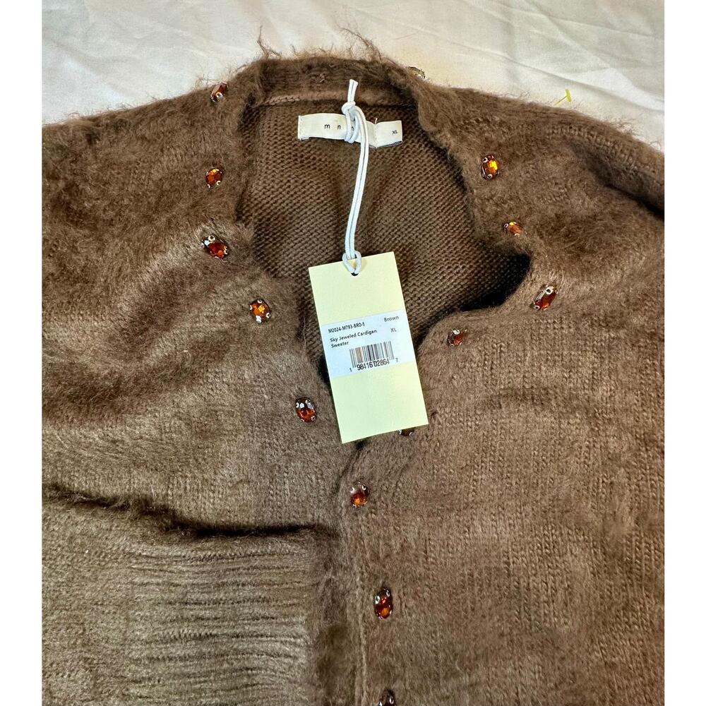 MNML Sky Jeweled Cardigan Sweater Men’s XL Brown Rhinestone Fuzzy Knit NWT Flaw - Picture 4 of 6